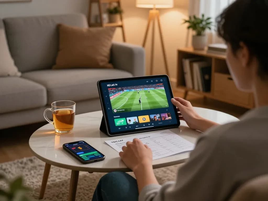 xôi lạc tv streaming live football matches on tablet with betting notes in cozy home setup
