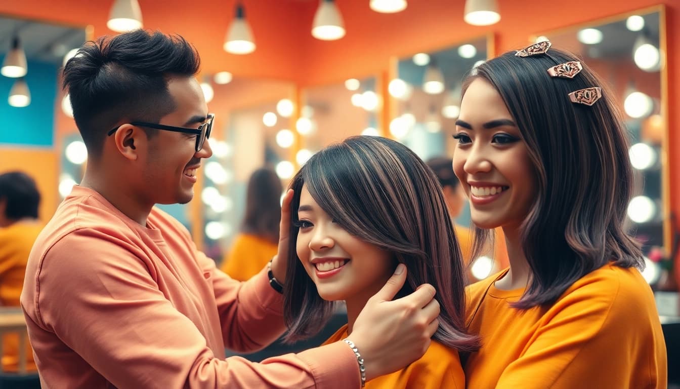 Hairstyle bucuresti transformation in a vibrant salon setting, showcasing an expert stylist at work.