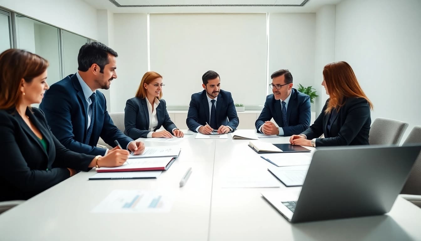 USA lawyers discussing strategies and collaborating in a modern office setting.