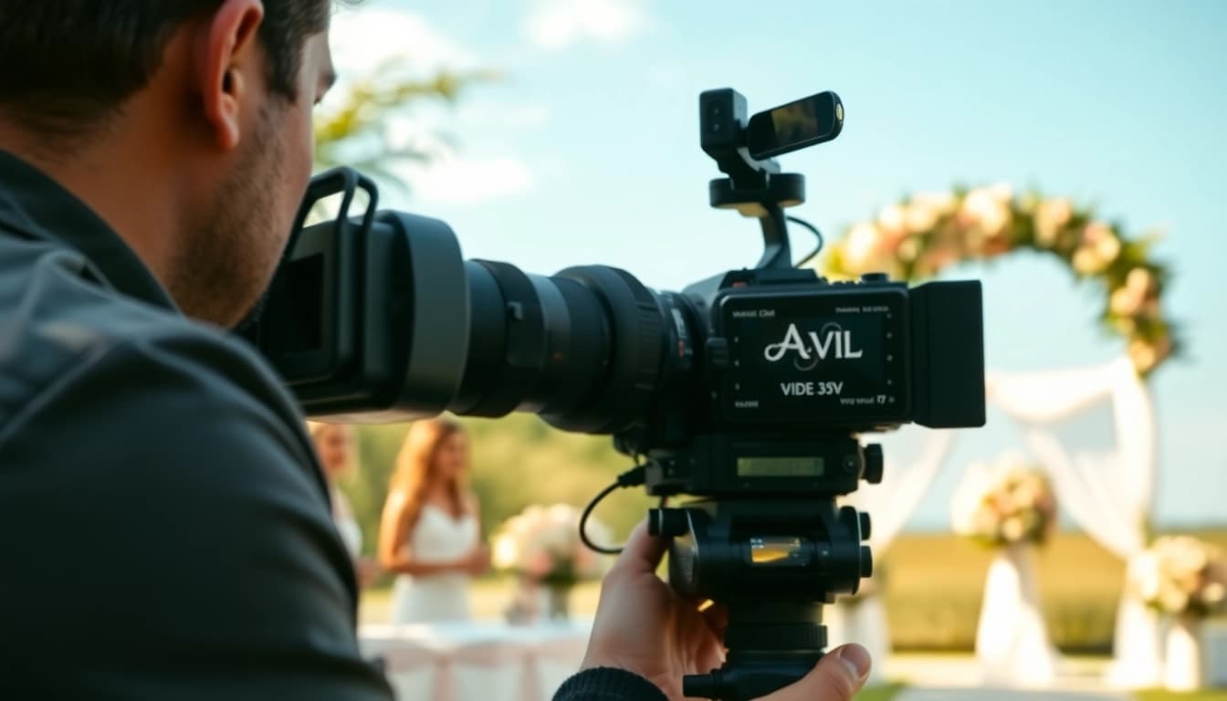 Videographer capturing a wedding ceremony, showcasing craft and professionalism in bright outdoor settings.