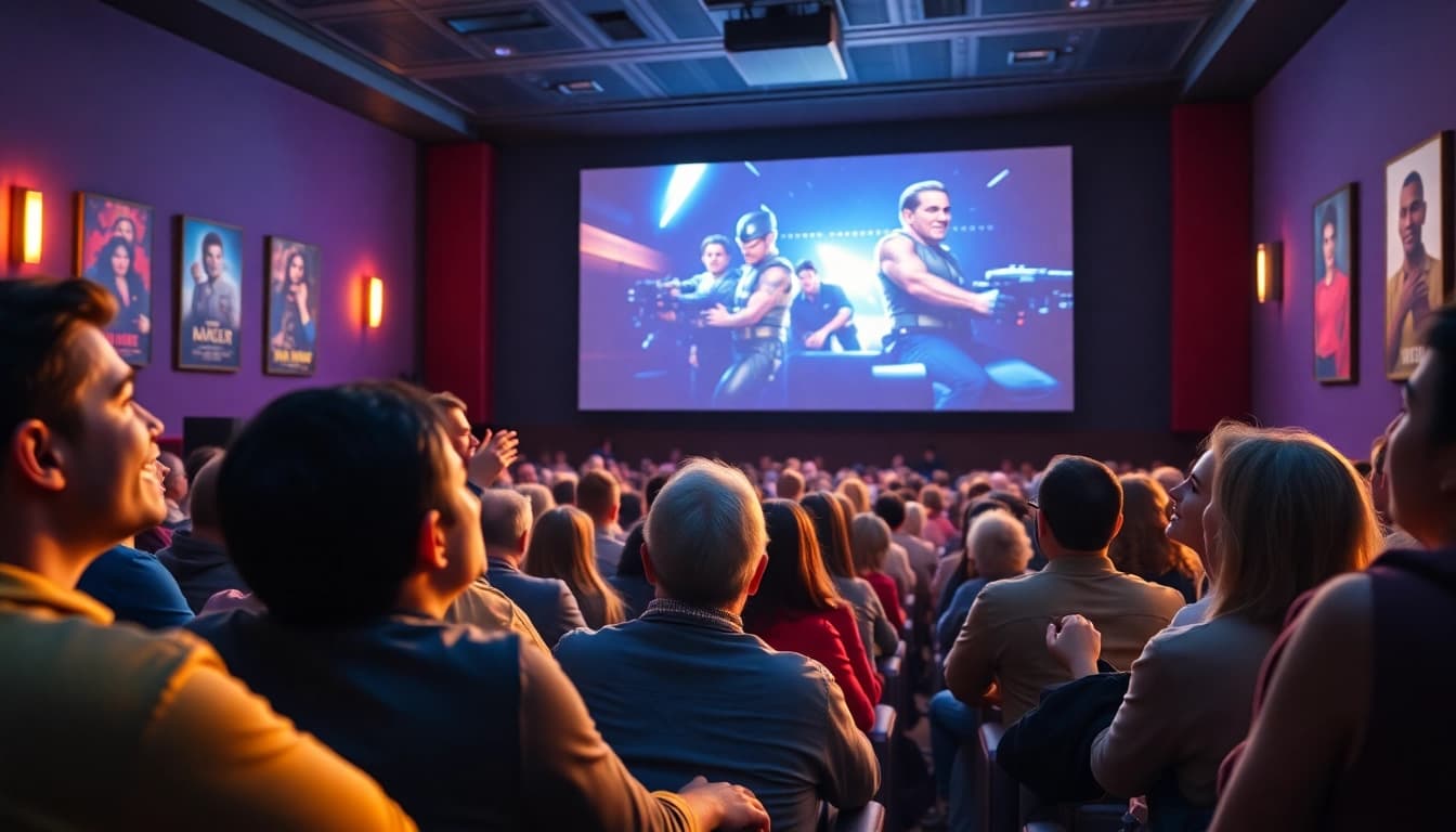 Audience enjoying a movie at a vibrant theater, representing the joy of filme.