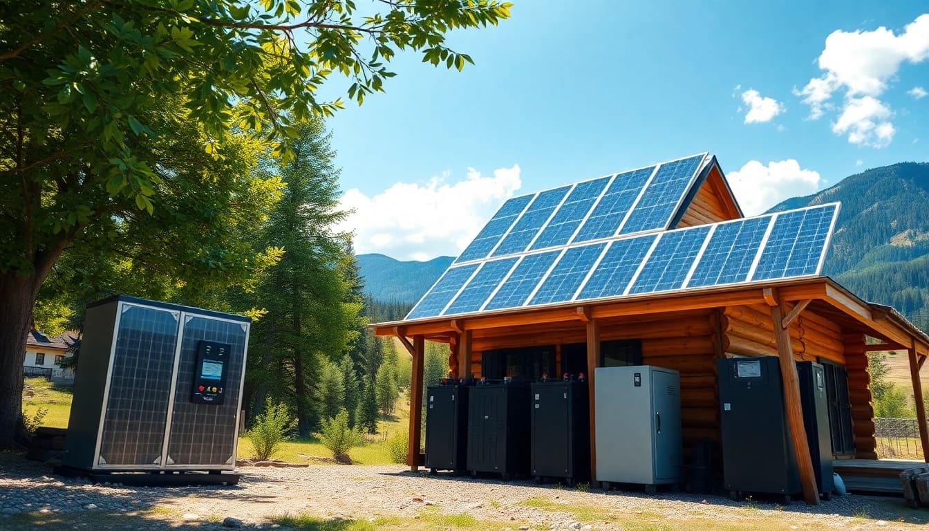 Showcasing an off grid solar system with solar panels, batteries, and inverter next to a rustic cabin in nature.