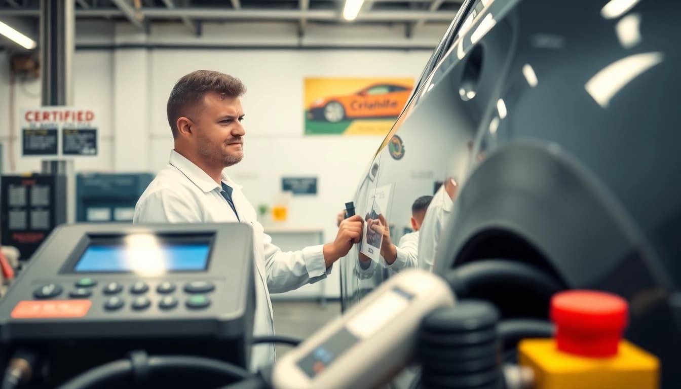 Technician conducting a California Smog Check on a vehicle in a professional automotive garage.