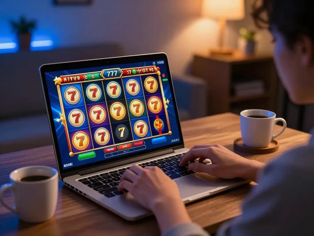 Player engaged in an online slot 777 game on a laptop, showcasing bright graphics and strategic gameplay.
