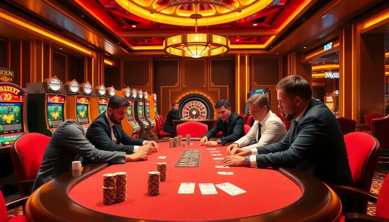 Players are winning big at the MM88 poker table in a luxurious casino setting.