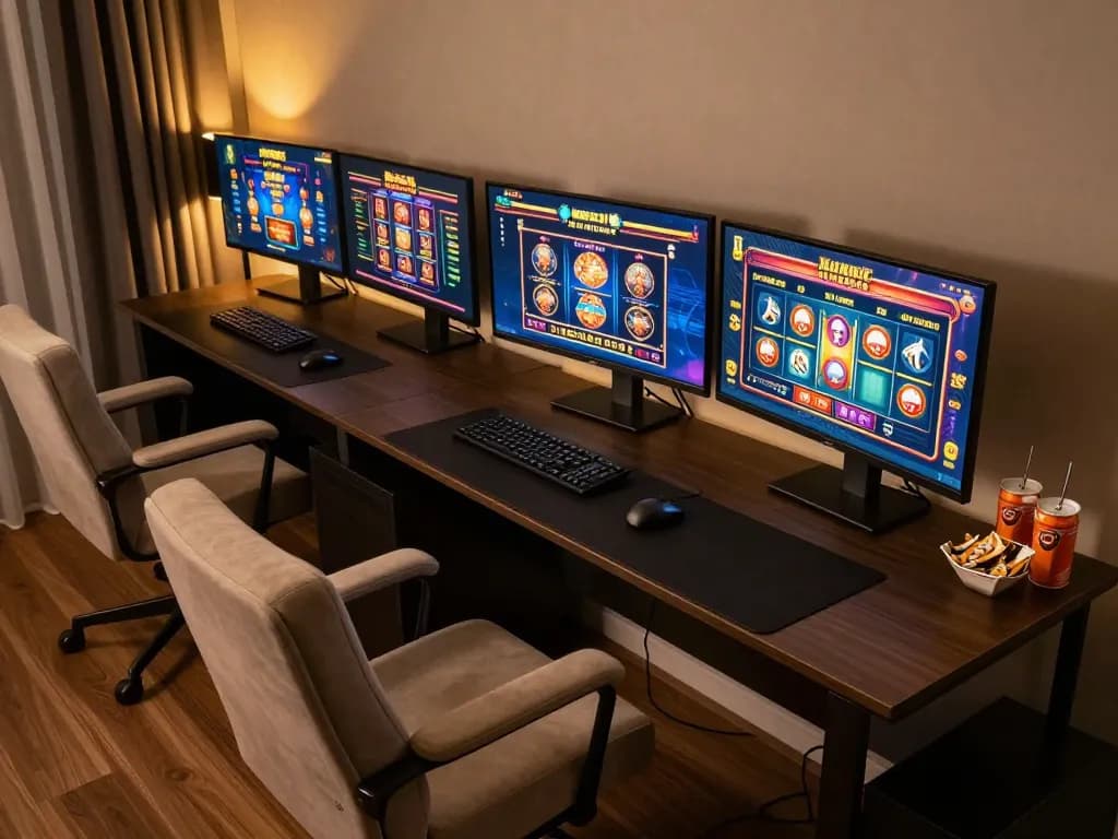 Engaged player at uu88 net using multiple screens for online casino gaming, showcasing advanced home setup.