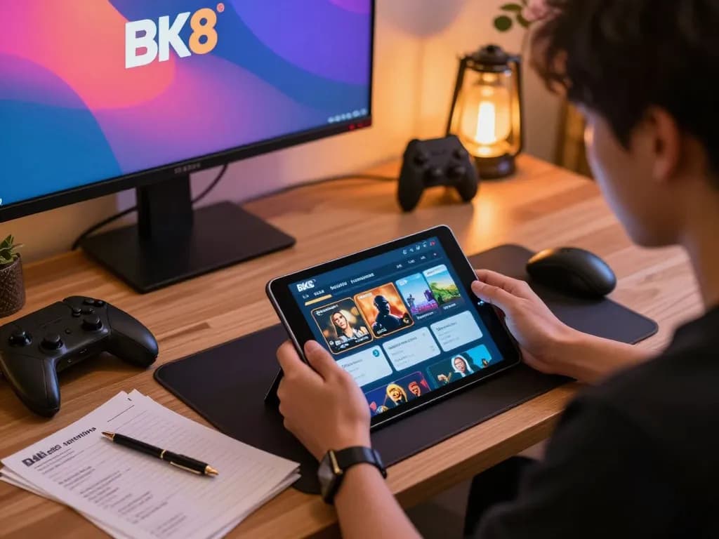Engaged player using the BK8 app for mobile gaming with vibrant ambiance and accessories