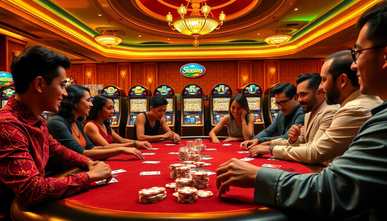 A group enjoys an exciting poker game at a luxury casino table, showcasing https://luck8.name/ gaming experience.