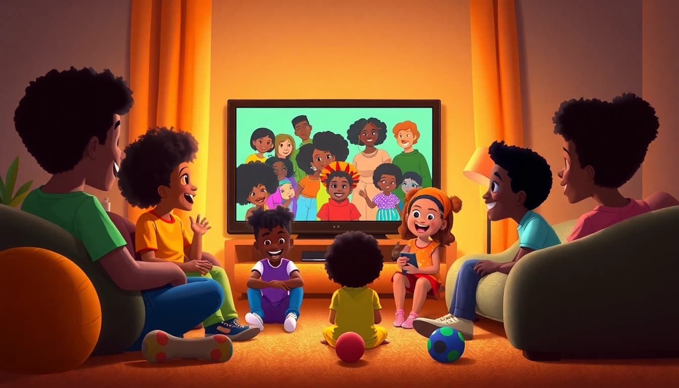 A joyful scene depicting children enjoying African American cartoons on a colorful TV screen.