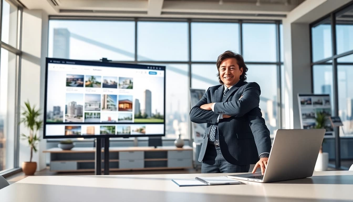 Showcasing Real Estate listings with agent in a bright, modern office.