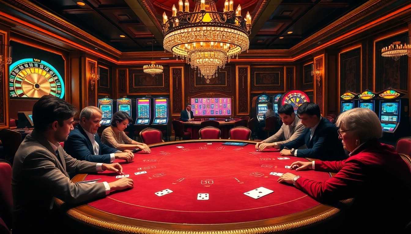 Scène excitante de casino en ligne avec jeu de poker, jetons et machines à sous vibrantes.