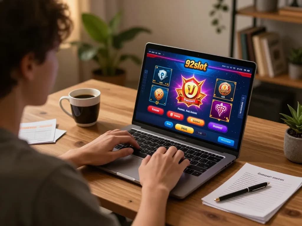 Engaging online casino experience with 92slot on a laptop in a cozy home office setting