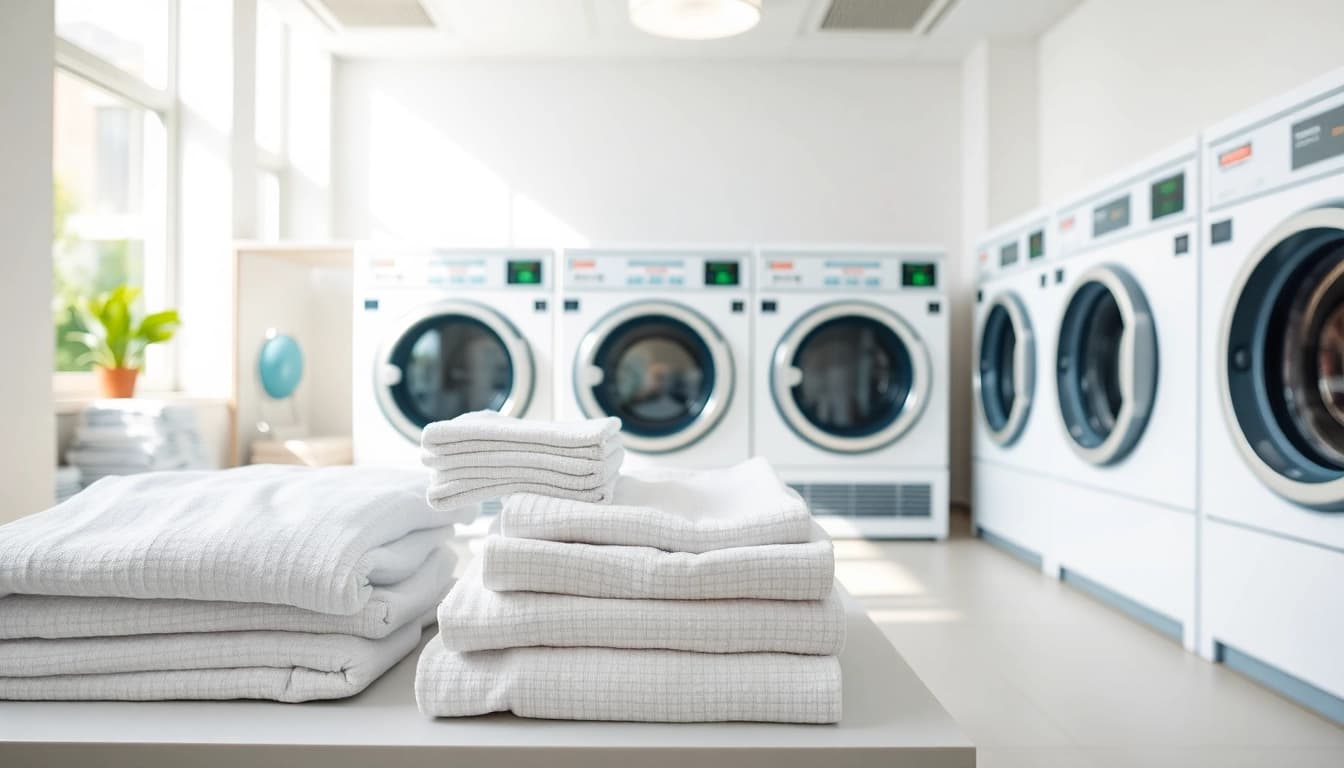 Laundry service near me featuring a modern laundromat with fresh linens awaiting cleaning.