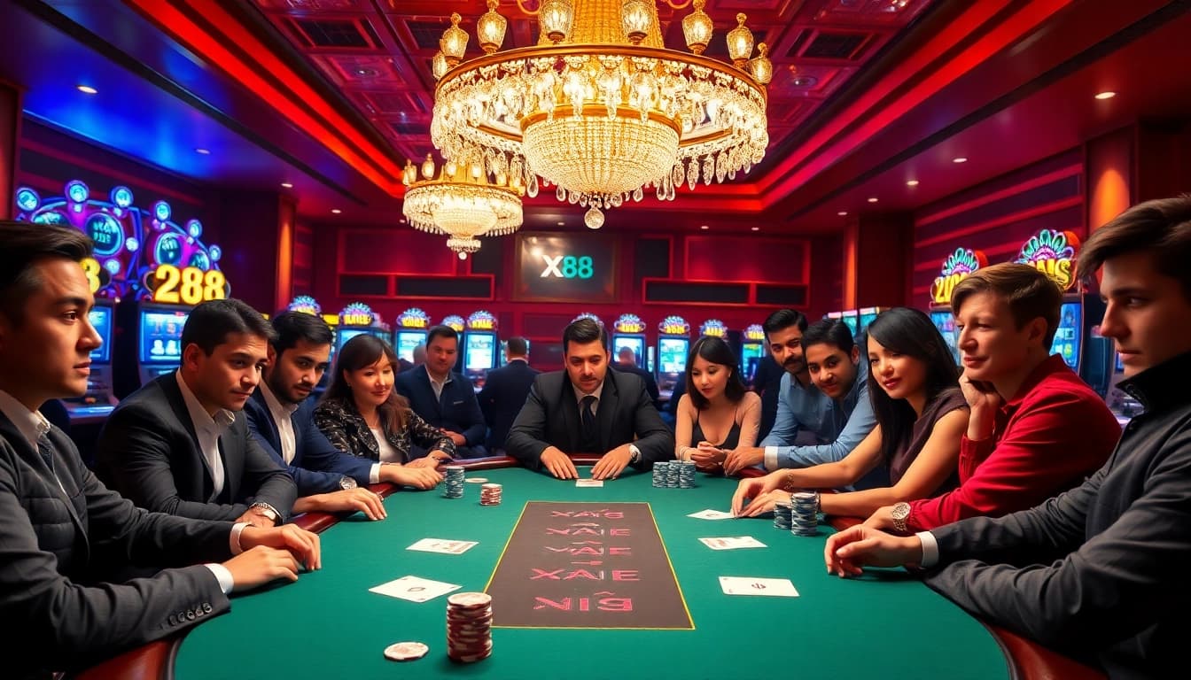 Action-packed casino experience with XX 88 branding featuring poker and slot machines.