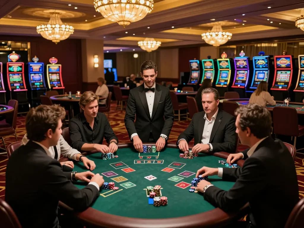 Players enjoying intense blackjack gameplay at an upscale casino, revealing vt888 gaming strategies in action
