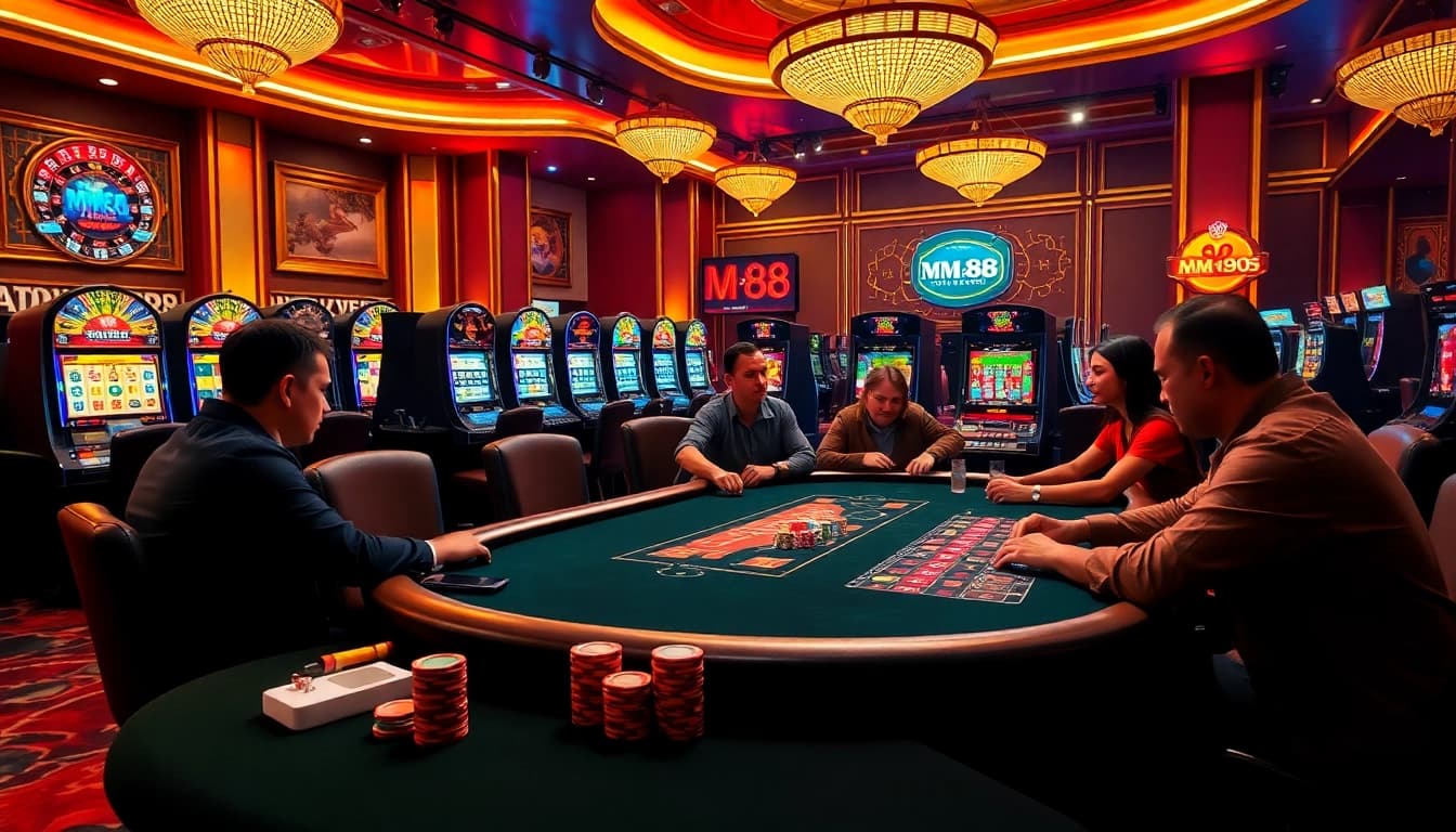 Players at an MM88 poker table in a luxurious casino environment with vibrant slot machines.