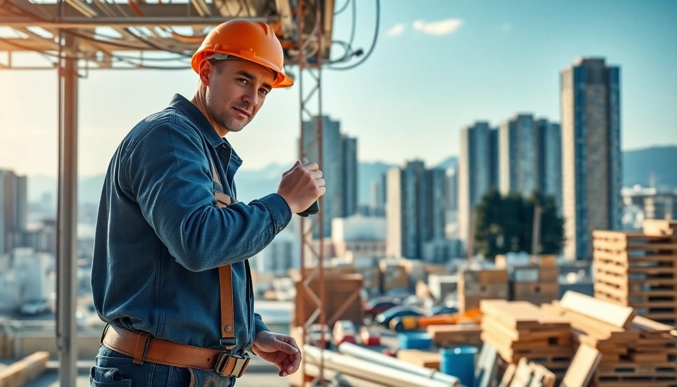 Commercial electrician in Vancouver installing electrical systems at a busy construction site.