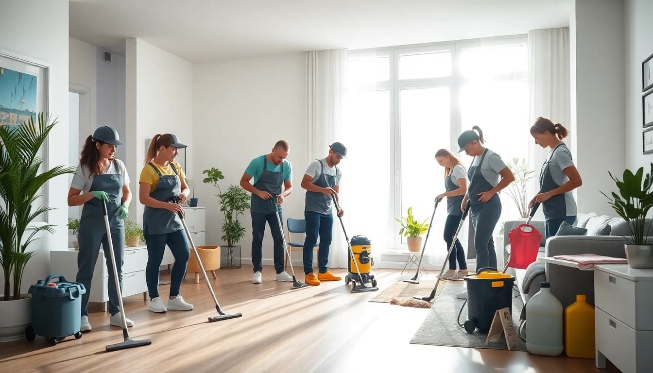 An expert städfirma stockholm team efficiently cleaning a bright, modern apartment.