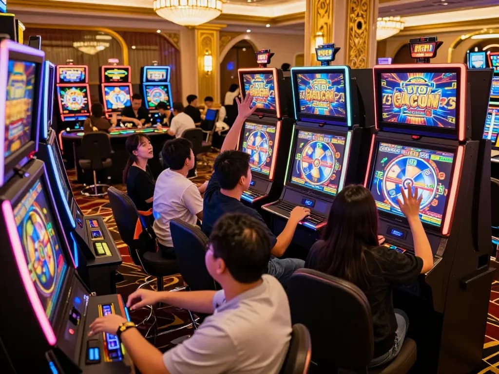 Experience the excitement of SLOT GACOR as players engage with colorful slot machines, celebrating wins in a vibrant casino atmosphere.