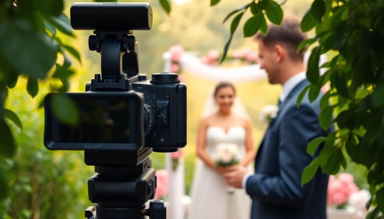 Calgary videographer capturing a lively outdoor wedding moment with vibrant background elements.