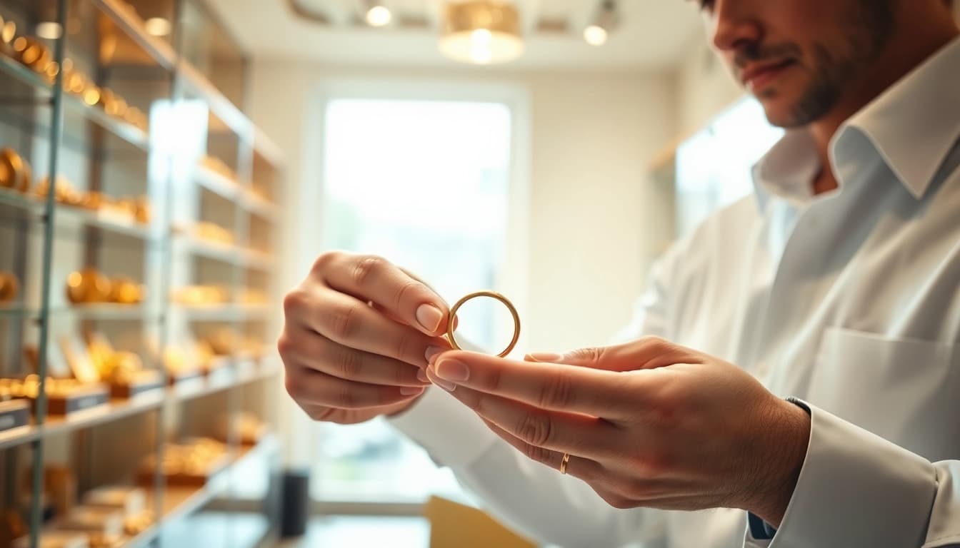 Goldankauf Hannover: Juwelier bewertet einen goldenen Ring in einem eleganten Geschäft.