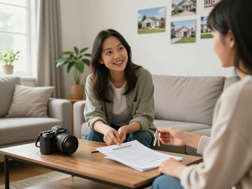 Homeowner discussing we buy houses options with friendly buyer in cozy living room.