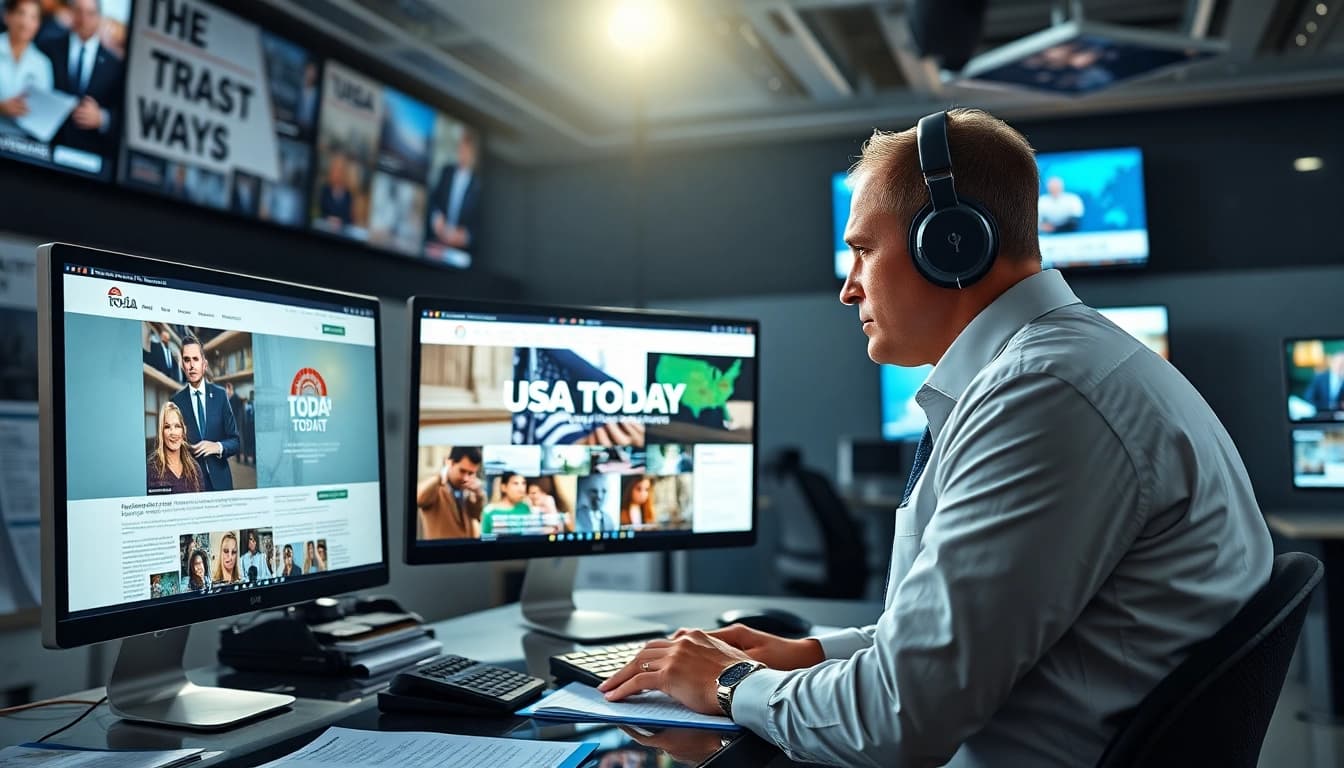 Capture the essence of USA Today with a journalist in a modern newsroom focused on breaking news.