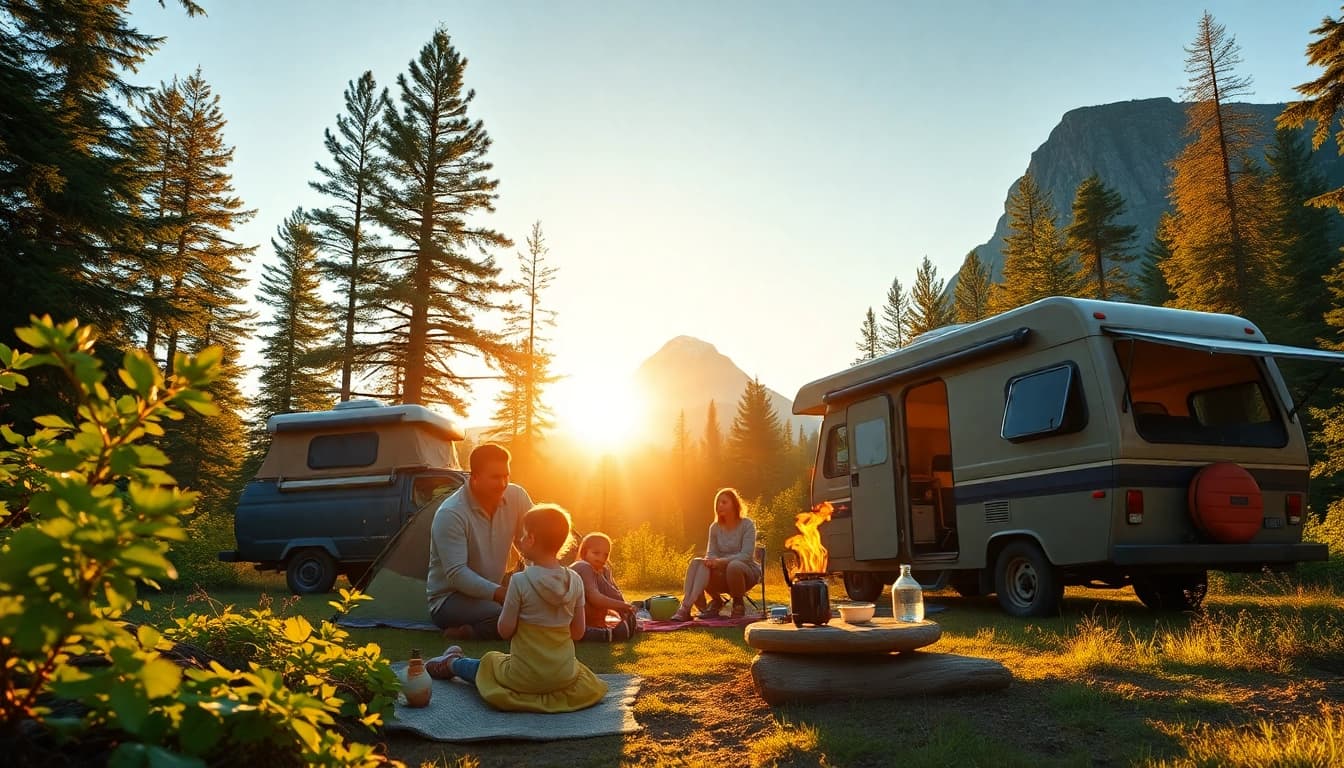 Family enjoying an adventure at https://fernweh-abenteuer.de, camping amidst vibrant nature and a DIY camper.