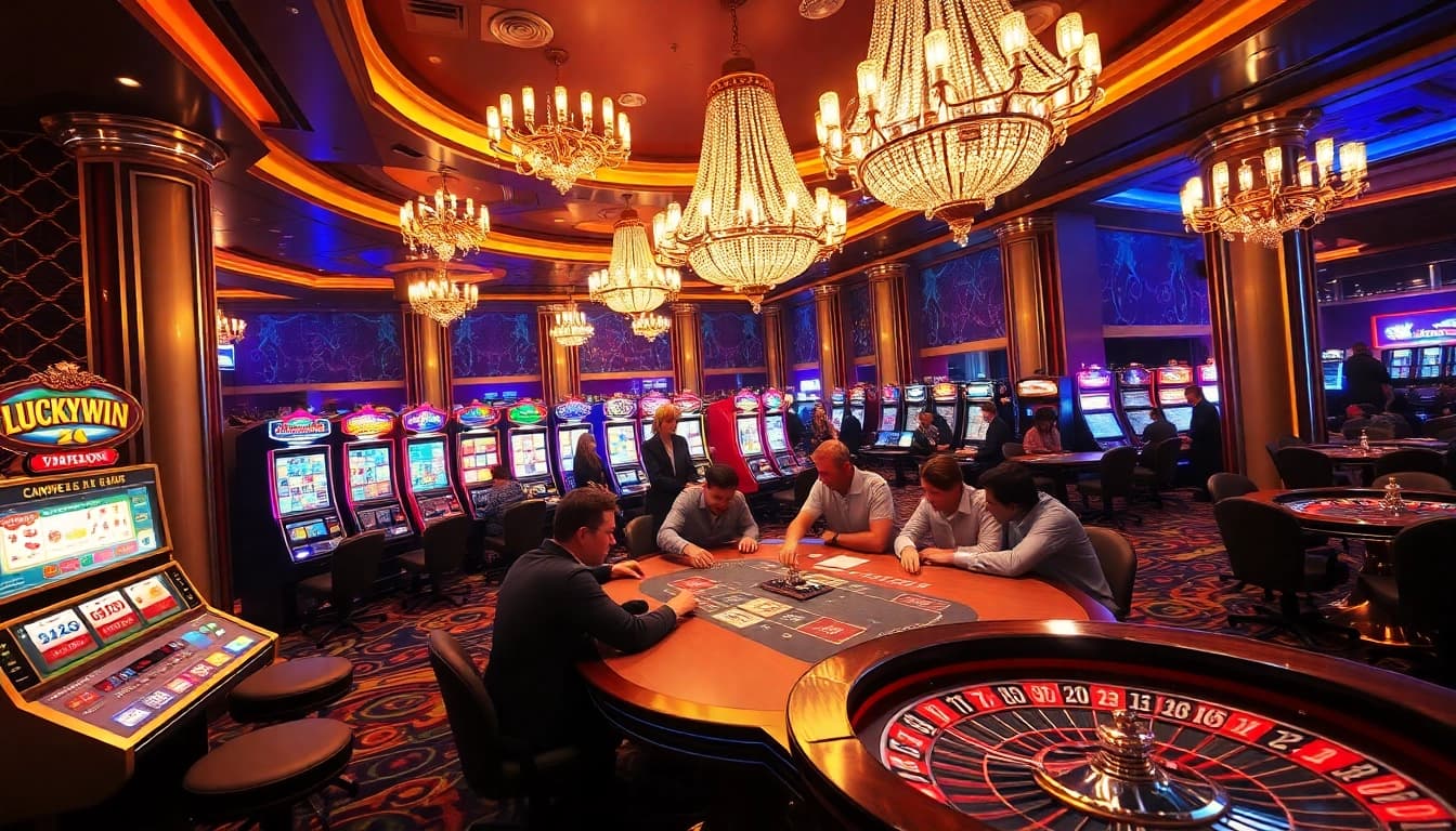LUCKYWIN casino scene with excited players at poker and slot machines in a vibrant interior.