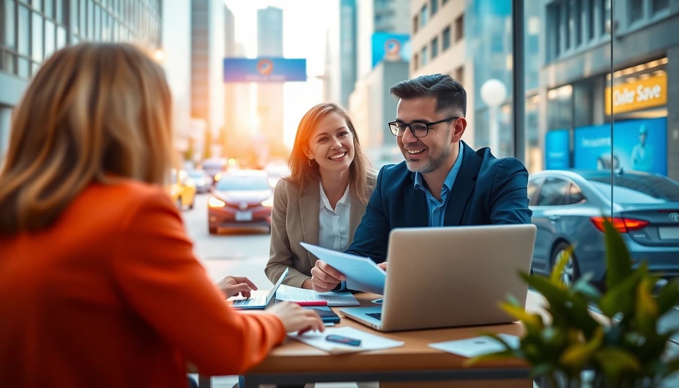 Assurervoitureenligne.fr présente un professionnel de l'assurance automobile consultant un client heureux dans un bureau moderne.