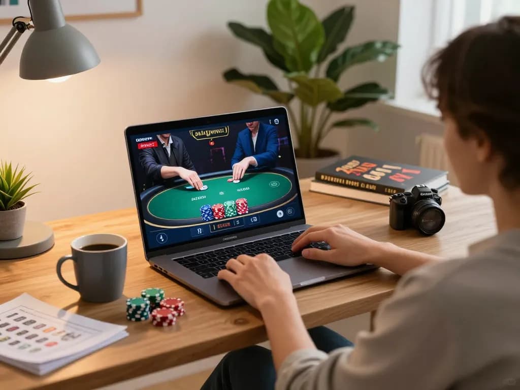 Player engaging with winstrike69 online blackjack at home, laptop screen displaying active game.
