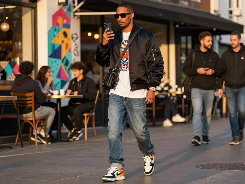Fashionable individual in 레플리카 outfit showcasing modern urban style on city street.