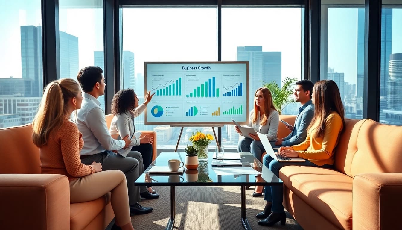 Individuals sharing business growth insights in a modern office setting.