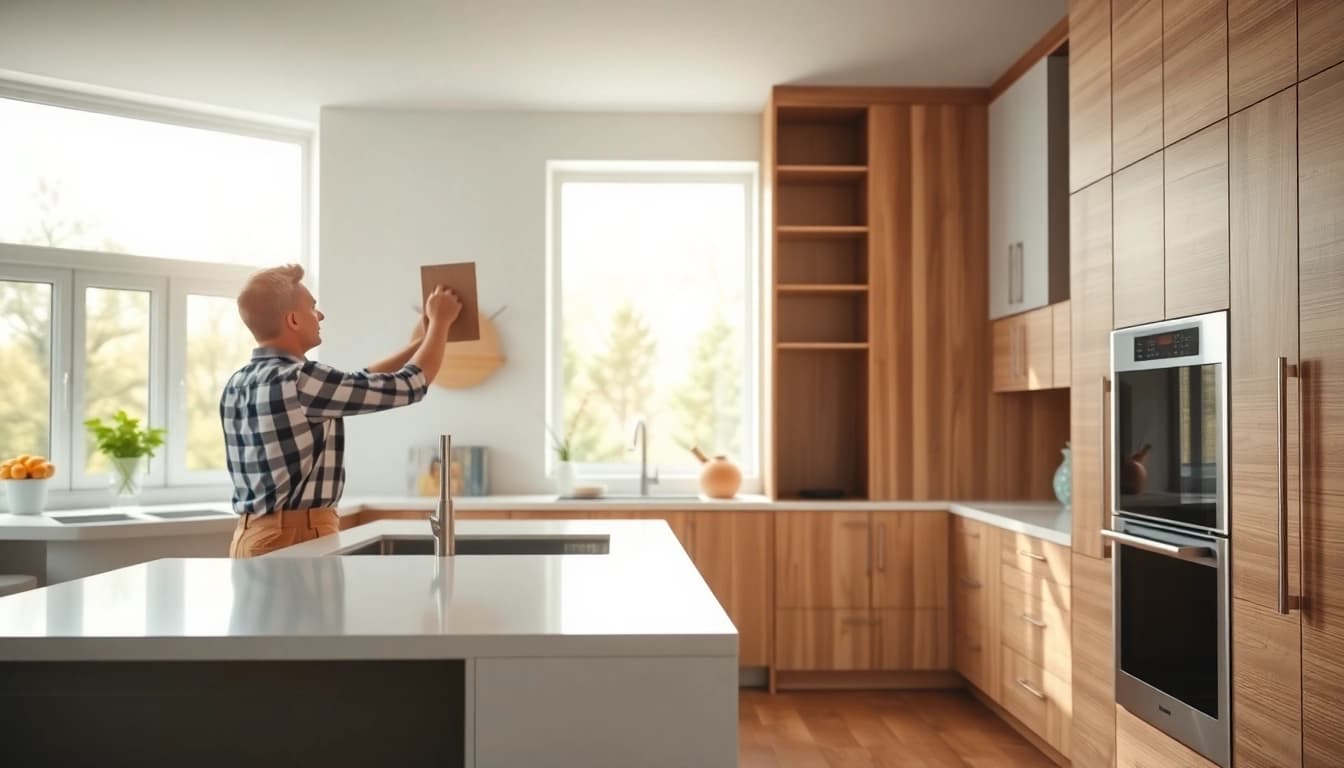 Showcasing home renovation with a professional installing kitchen cabinets in a stylish setting.