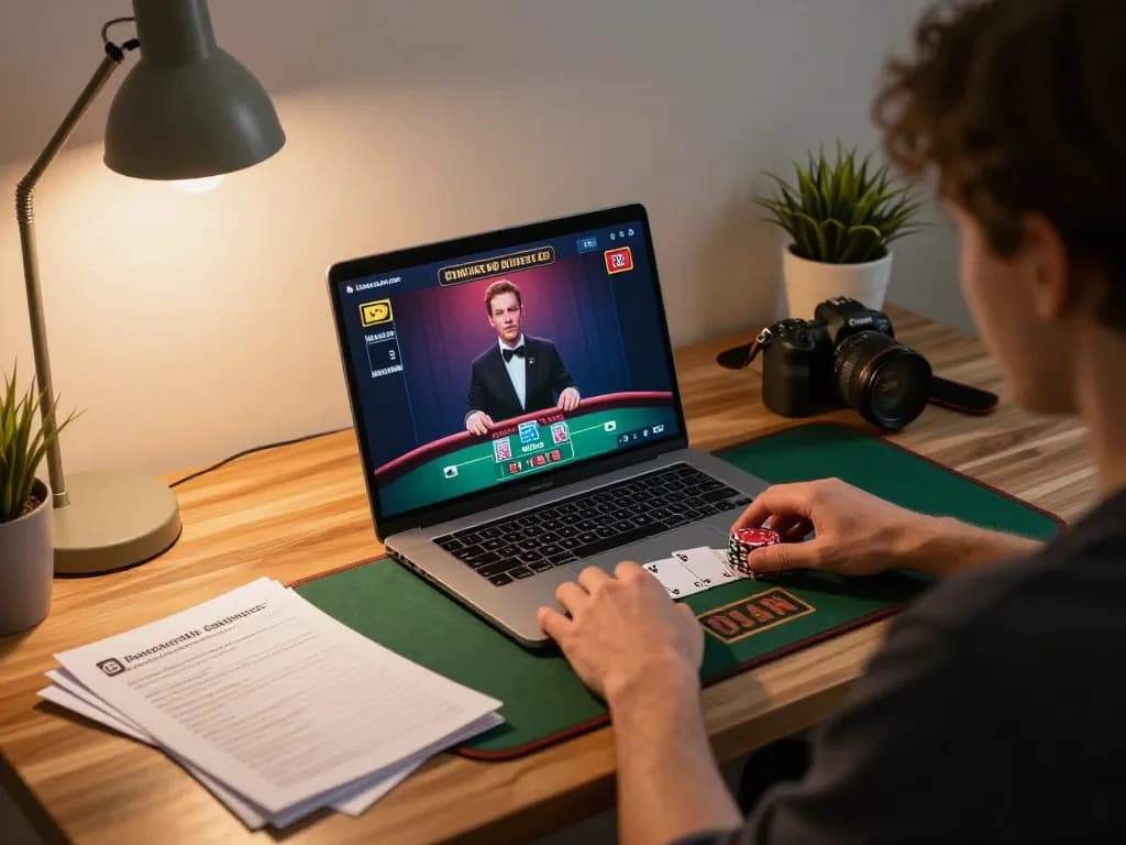 Engaged player enjoying vipwin blackjack game online, emphasizing responsible gaming in a cozy workspace.