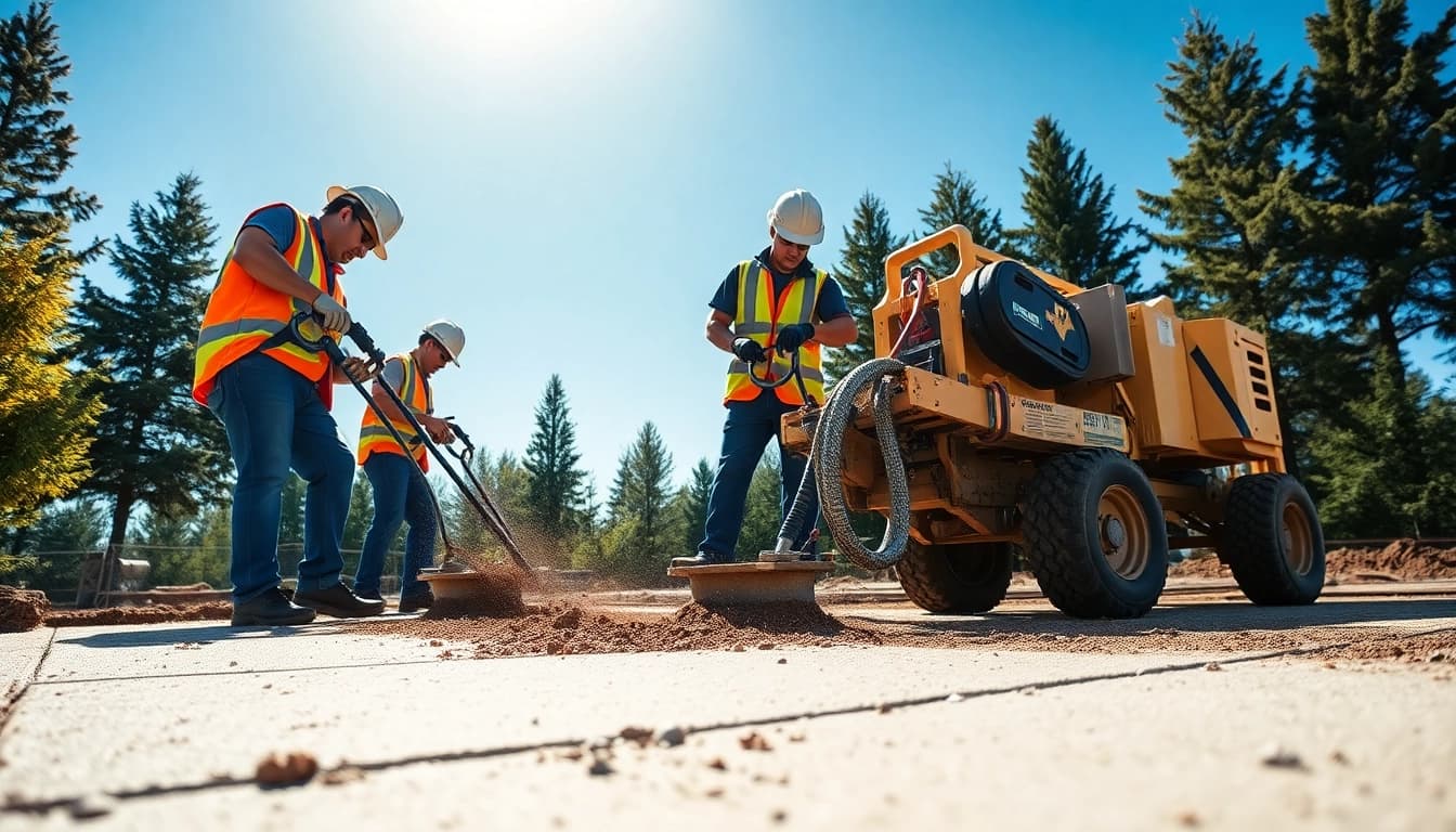 Workers conducting Mudjacking in Roseburg to stabilize a concrete slab.