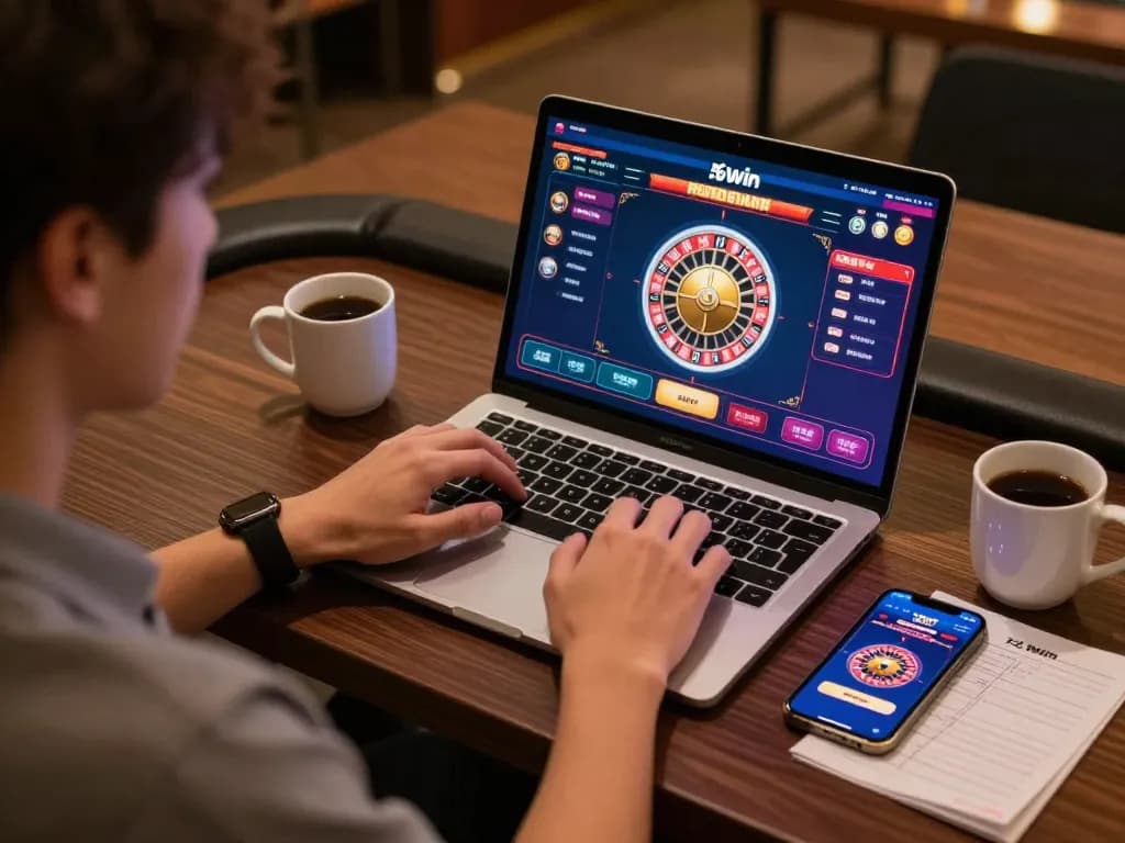 Engaging online gaming at Tại 56win with a player focused on roulette on a laptop.