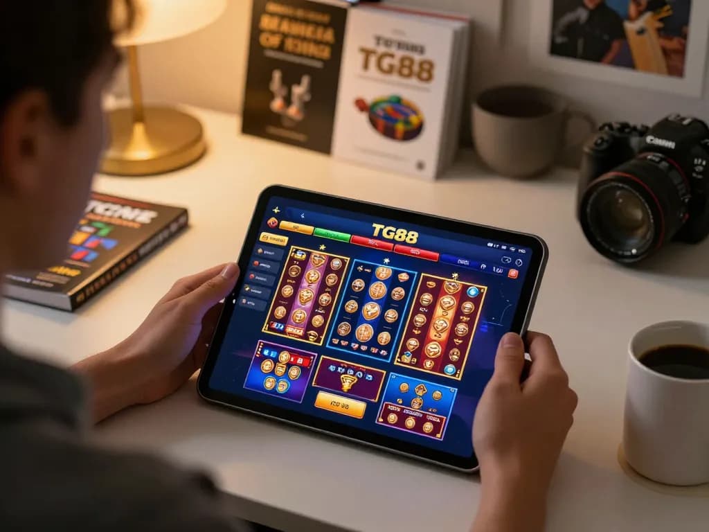 TG88 gaming session on tablet, showcasing vibrant online casino interface with strategy notes.