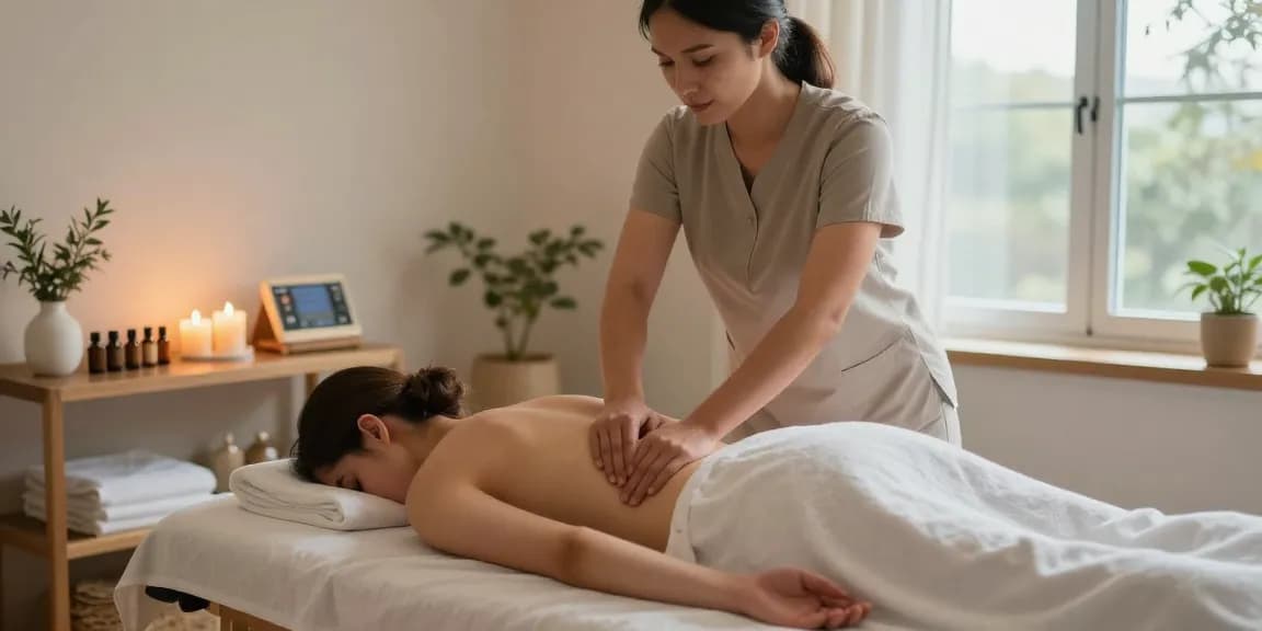 마사지 시술을 받는 고객과 편안한 마사지 스튜디오의 모습