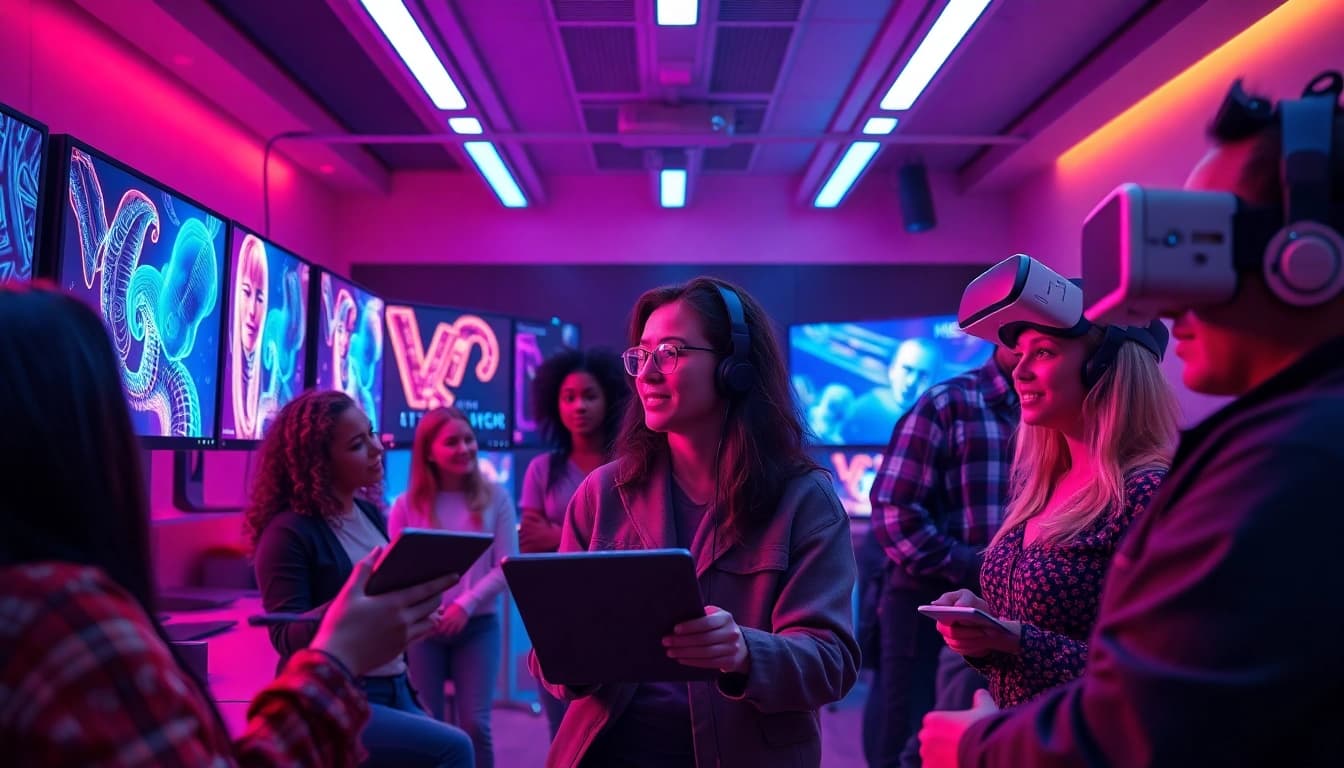 A dynamic digital art studio showcasing creators of NSFW AI projects, highlighting collaboration and innovation.
