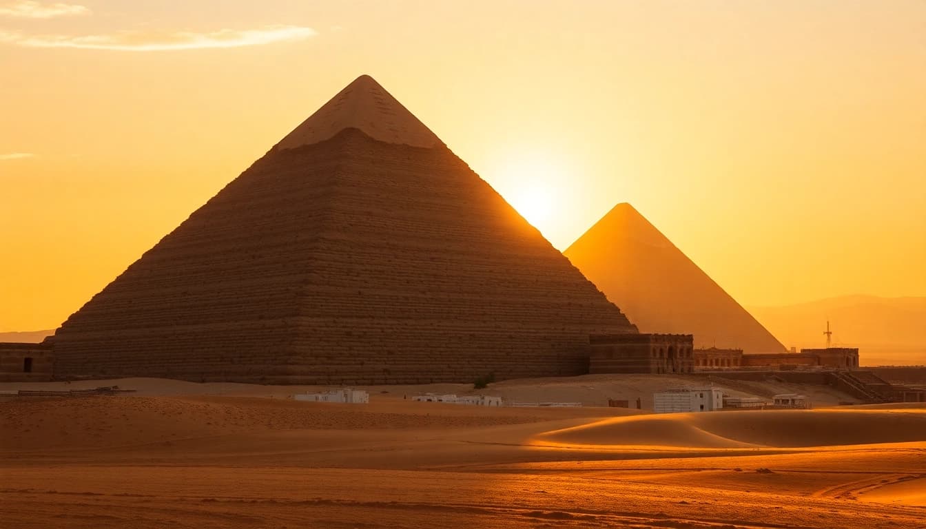 Capturing the majestic pyramids of Giza at sunset highlighting their grandeur and ancient history.