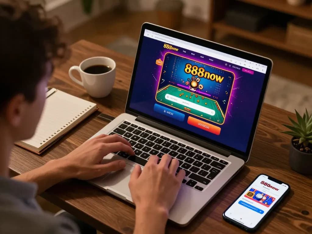 Engaging in 888now đăng nhập on a laptop while enjoying online casino games in a cozy home setting.