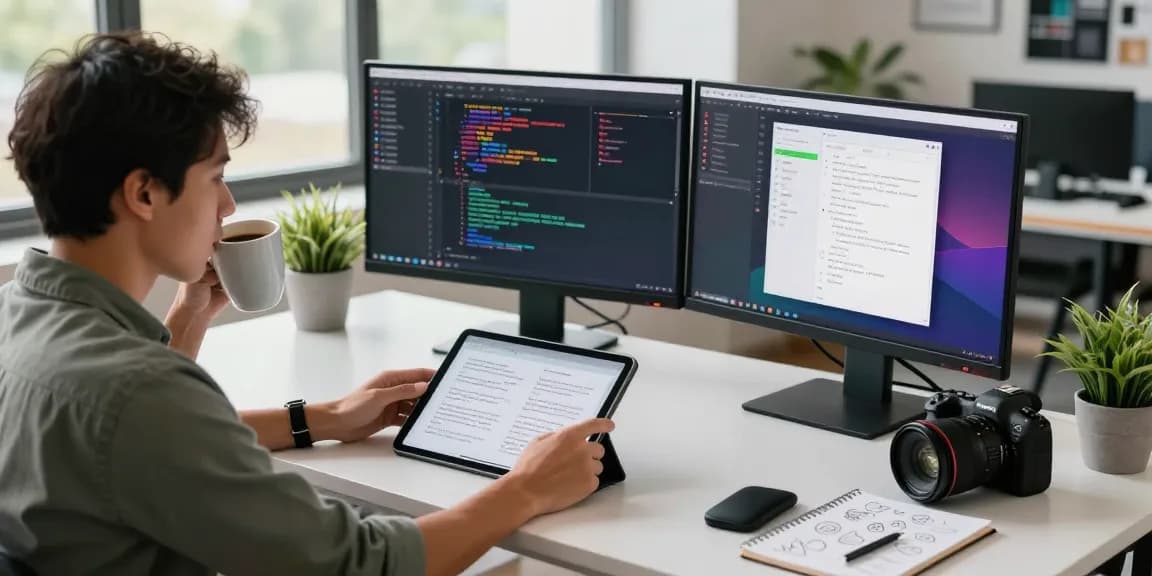 纸飞机下载 in a modern tech workspace with a developer coding on dual monitors, showcasing innovation and productivity.