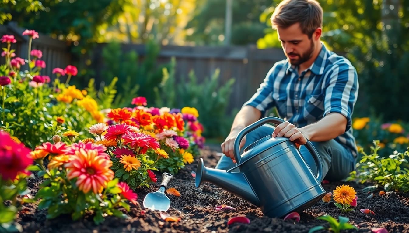 Engaging Gardening scene with vibrant flowers and a dedicated gardener at work.