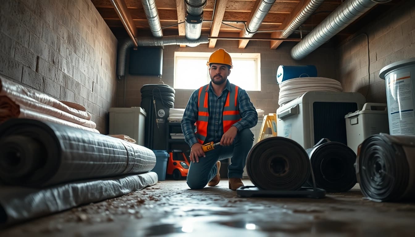 Expert conducting Crawl Space Restoration inspection with tools and materials in a damp area.