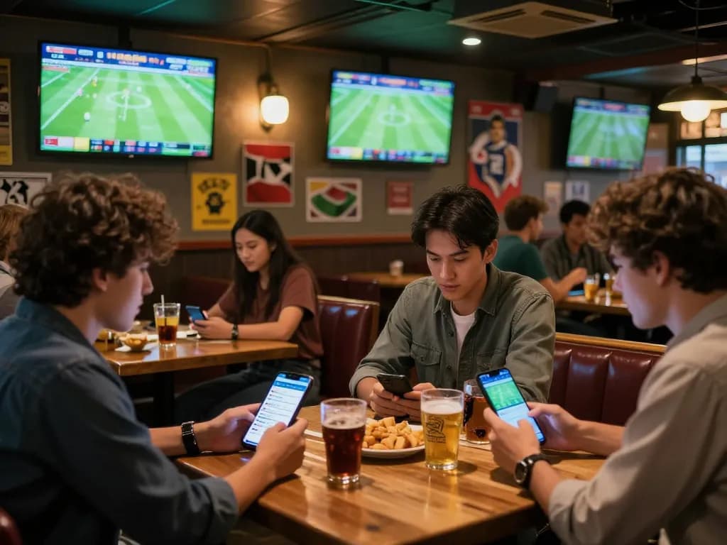 Soi Kèo strategy session amidst live football betting excitement in a vibrant sports bar.