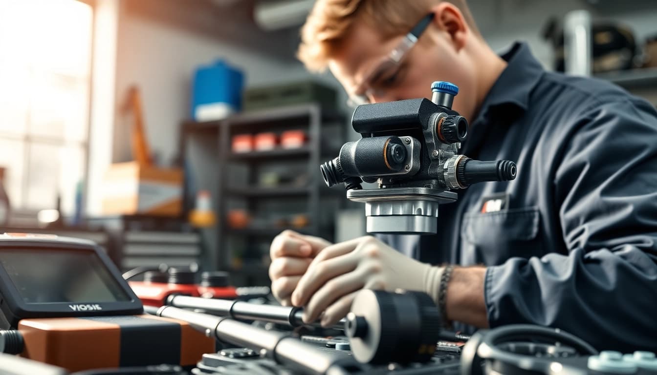Mechanic installing the G87 M2 Port Injection Kit in a modern workspace.