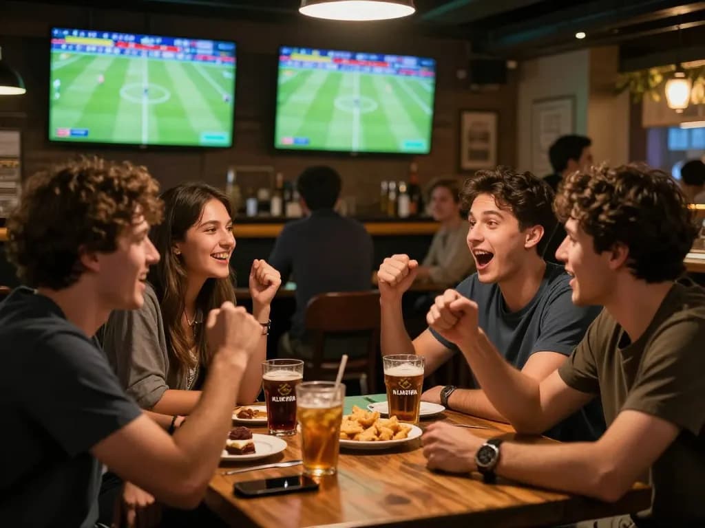 Friends enjoying sports betting on KLIKFIFA during a live football match at a bar.