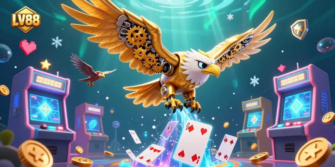 Engage in thrilling gaming at LV88, featuring a golden eagle among vibrant casino elements and underwater magic.