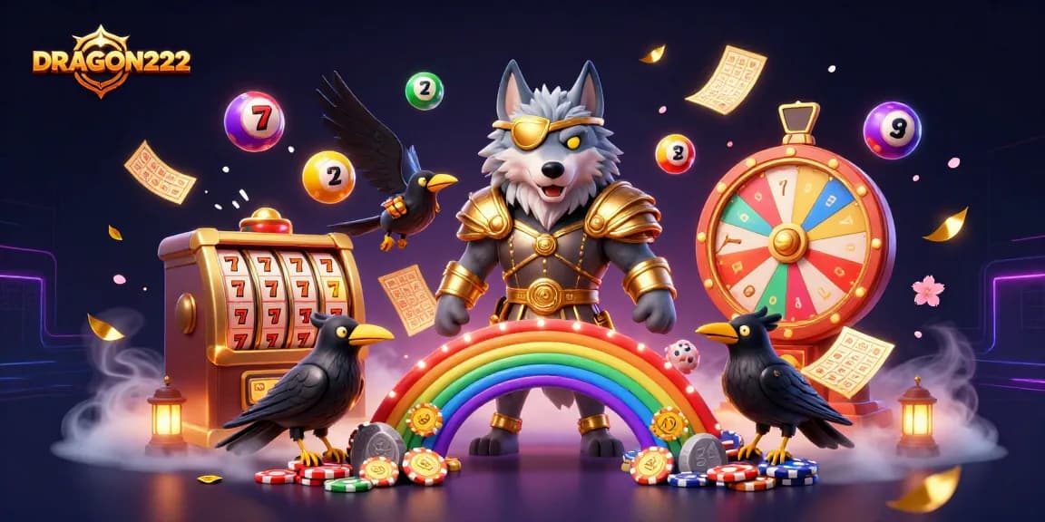 Win big with DRAGON222 in a vivid 3D casino scene featuring vibrant gaming elements.